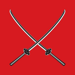 Vector illustration of two samurai swords crossed as in a duel on a red background