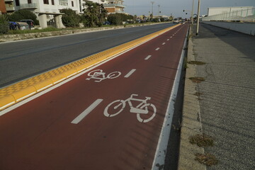 Ostia, Rome, Italy - October 10, 2022, detail of a cycle path on the seafront.