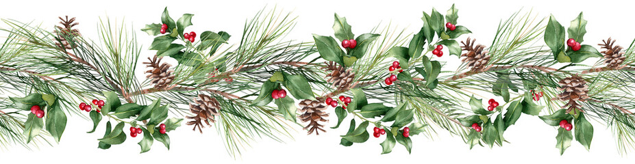 Christmas decorative seamless border. Watercolor banner. Poinsettia, coniferous branches, cones, ilex, holly berry. Repeating garland. Holiday  isolated on transparent background