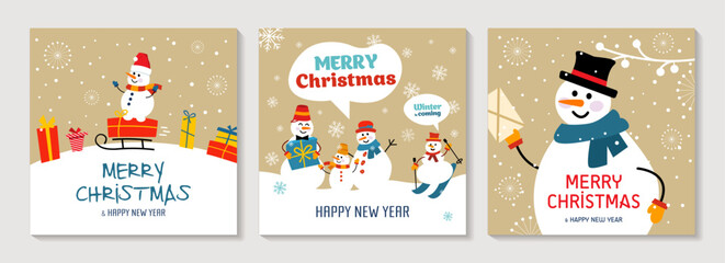 set gold Christmas cards. With snowman, snowflakes and gift.