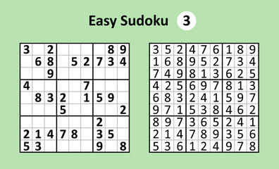 Sudoku game with answers. Easy complexity. Simple vector
