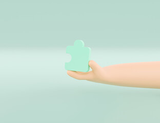 Hand holding jigsaw puzzle to connect, Symbol of teamwork, Problem-solving, Cooperation, Partnership, Strategy jigsaw business concept, 3d rendering.