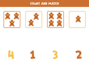Counting game for kids. Count all gingerbread cookies and match with numbers. Worksheet for children.