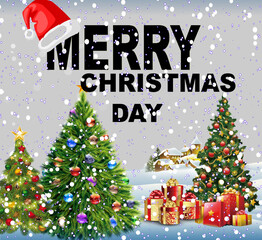 holiday merry christmas celebration with greeting background vector illustration card  new december  decoration with white winter season traditional red design with green tree and gifts for children.