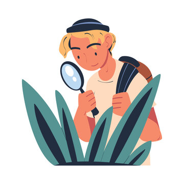 Man Character with Magnifying Glass and Backpack Studying Nature Exploring Green Grass Vector Illustration
