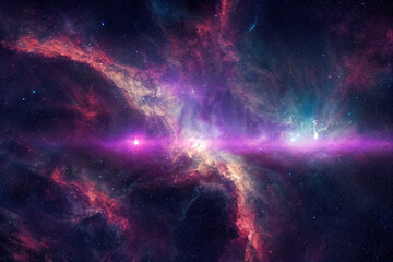 Naklejka premium Cosmic Nebula in Deep Space, Vibrant Colors, Interstellar Clouds and Stars