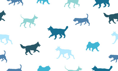 Seamless pattern. Dogs different breeds isolated on a white background. Endless texture. Design for fabric, decor, wallpaper, wrapping paper, surface design. Vector illustration.