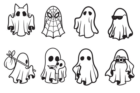 Set of white ghost sketches isolated on a white background