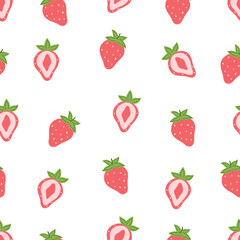 Seamless pattern with strawberry on white background. Exotic fruit fashion print.  Hand drawn doodle repeating berries. Tropical wallpaper