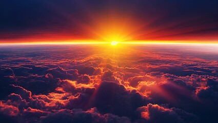 View over the clouds and the Sun shining over them, making a golden-like line, from an airplane - obrazy, fototapety, plakaty