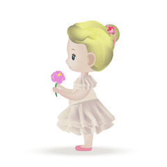 Vector girl. Little girl in white dress. Happy child, cartoon character. Blond girl in profile. 3d people illustration. 