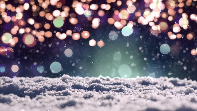 A Christmas lights bokeh background with animated snow falling seamless loop.