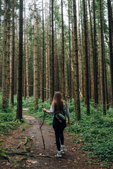 Woman in casual clothes is walking on a mountain path through a forest, back view.