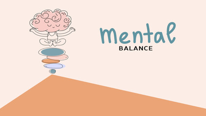 Cute funny brain character meditate sitting on stack of zen rock pyramid. Equality, Mental stability concept. Vector doodle illustration for banner social media