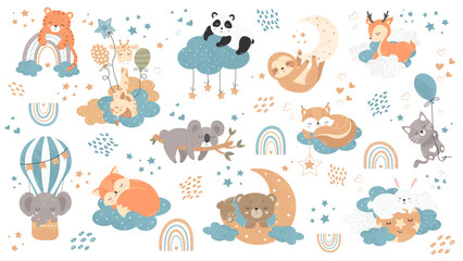 Obraz na płótnie Canvas Set of illustrations with little animals sleeping on the clouds, on the moon among the stars. Exotic and forest dwellers for children. Vector