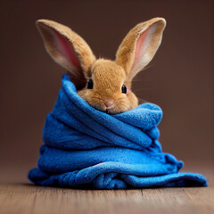 Fantasy cute Bunny rabbit in blue towel background.