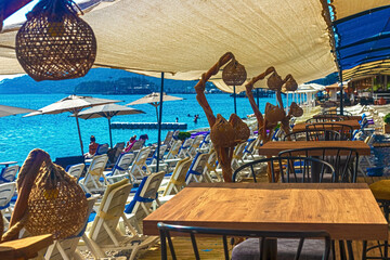 View of the cafe area on the beach. Kemer, Turkey