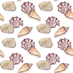 Watercolor sea shell seamless pattern. Hand drawn seashells texture vintage ocean background.
