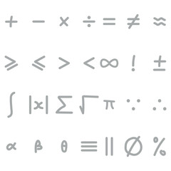 Basic symbols in mathematics. math symbol handwriting. Plus, minus, times, divide,equality, inequality, approximately equal, infinity, factorial,integral, absolute value of x, sum, square root.