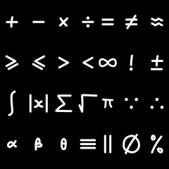 Basic symbols in mathematics. math symbol handwriting. Plus, minus, times, divide,equality, inequality, approximately equal, infinity, factorial,integral, absolute value of x, sum, square root.