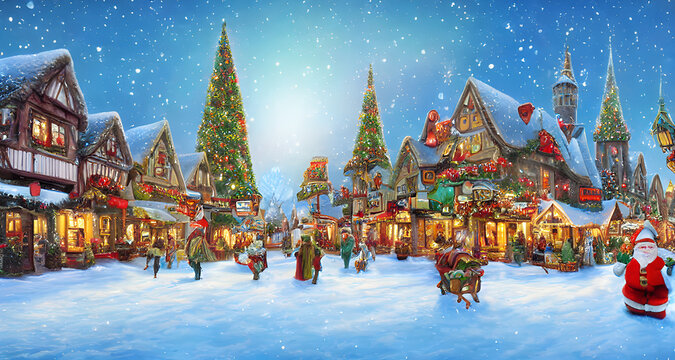 Christmas time the little village holiday lights people in the streets shopping. Illustration, digital matte painting