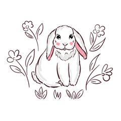 Bunny cute print on white spring flowers. Sweet baby rabbit girl shower card. Hare fashion child vector. Cool and lovely rabbit illustration for nursery t-shirt, kids apparel, invitation
