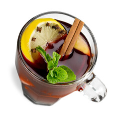 Mulled wine with spices  Isolated on white background. Selective focus