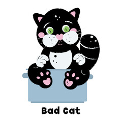 A black cat is sitting in a pot. Bad Cat. Illustration on white background in cartoon style. Hand drawing. For print, web design.