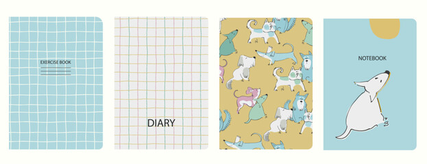 Set of cover page vector templates based on seamless patterns with doggies. Perfect for school exercise books, notebooks, kids diaries