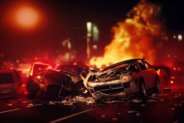 urban car accident at night, which damaged and smashed car wrecks are rolled over after street crash. Generic cars smoking and burning. Concept of drink and drive dangers.