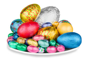 Easter eggs on plate isolated on white