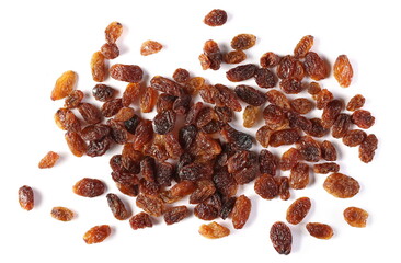 Raisins pile isolated on white, top view