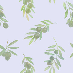 Olives on a branch seamless pattern, watercolor illustration, abstract background of olive branches.