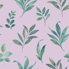 Fototapeta premium Green leaves seamless pattern with abstract watercolor for wallpaper, wrapping paper, print, design.