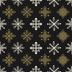 Seamless pattern with gold and white snowflakes on a dark background. New Year illustration in flat style. Vector image.