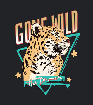 gone wild slogan with leopard head vector illustration on black background