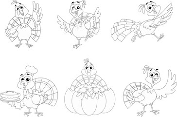Outlined Turkey Baby Cartoon Character In Different Poses. Vector Hand Drawn Collection Set Isolated On Transparent Background