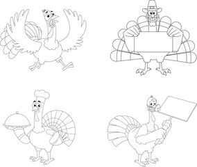 Outlined Turkey Cartoon Characters In Different Poses. Vector Hand Drawn Collection Set Isolated On Transparent Background