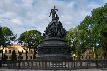 View of the Monument to the Millennium of Russia, installed on the territory of the Novgorod Kremlin in 1862, Veliky Novgorod, Russia