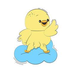 yellow chick turns around and flaps its wing, childish character on a cloud