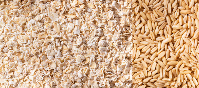 Oat flakes and grains, closeup image