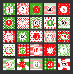 advent calendar with geometric seamless patterns in red green and white