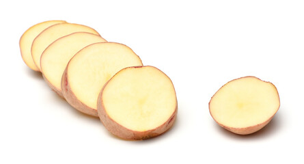 one sliced raw potato close up, the object is isolated on a white background