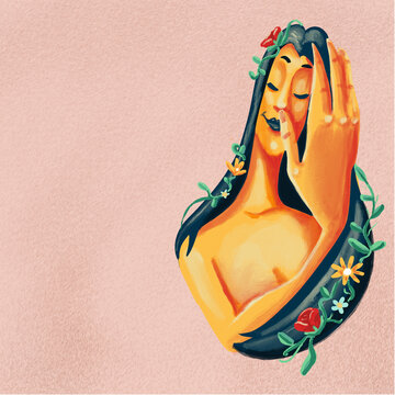 Calm woman face with flowers