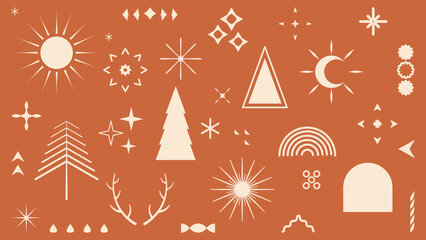 Vector set of linear Boho Christmas elements. Hand drawn elements for decoration in modern minimalist style for social media posts. © Yanzar
