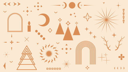 Vector set of linear Boho Christmas elements. Hand drawn elements for decoration in modern minimalist style for social media posts.