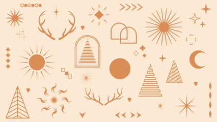 Vector set of linear Boho Christmas elements. Hand drawn elements for decoration in modern minimalist style for social media posts.