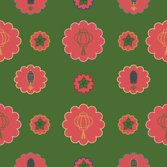 Green background and orange flowers with lanterns seamless pattern background.  Perfect for fabric, scrapbooking, quilting, wallpaper and many more projects.