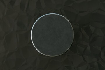 an abstract polygonal background of black color on which a protruding black circle for a product or text. 3D render