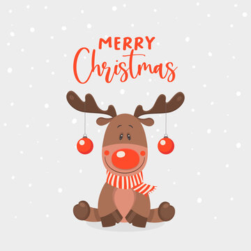 Vector Cute and Funny Reindeer with Scarf and Christmas Balls on Horns. Cartoon Christmas Deer for Christmas, New Year 2023 Greeting Card, Poster, T-shirt Print